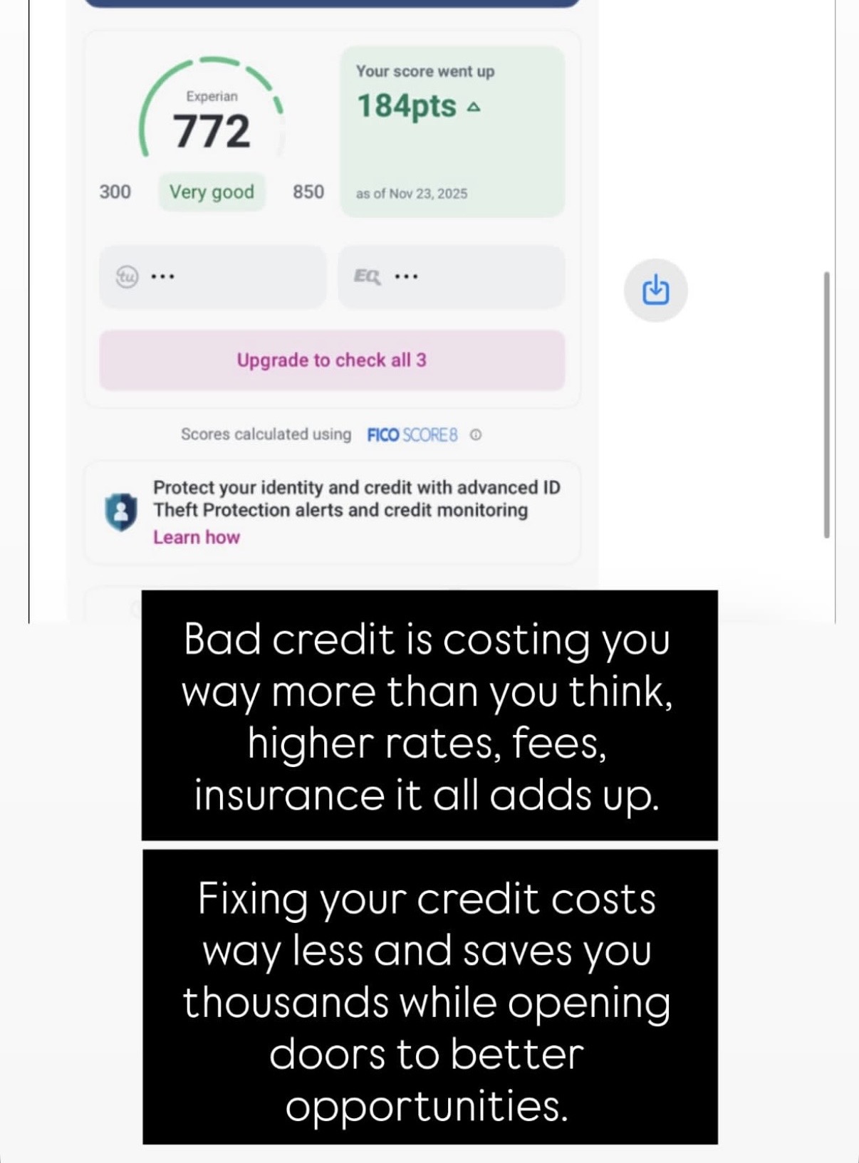 Experian credit score of 772 approaching 800 tier