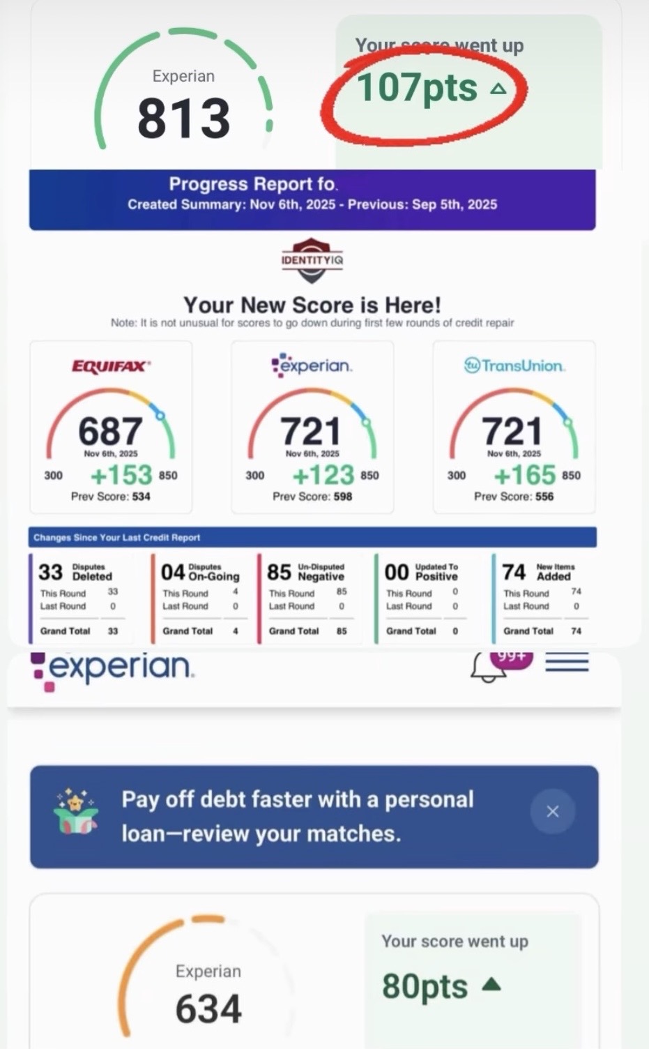 Experian credit score of 813 with 107 point jump