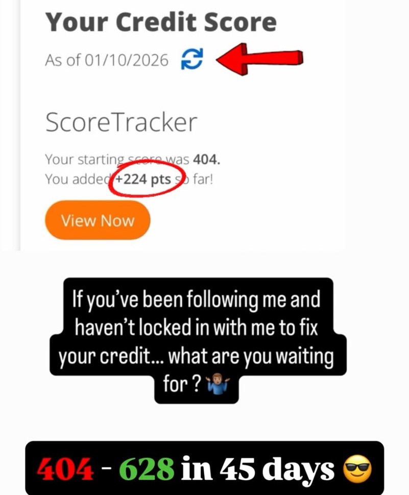 Credit score tracking showing improvement from 404 to 628 in just 45 days