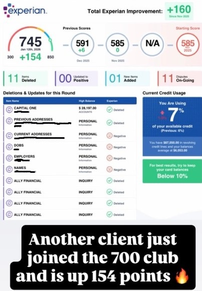 Experian credit report showing score of 745 with 11 negative items successfully deleted