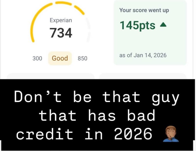 Experian credit report showing score of 734 with 145 point increase from previous 589